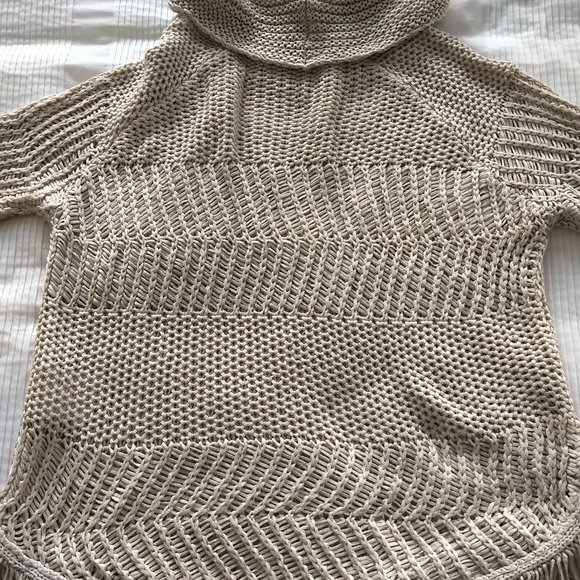 ESPRIT Poncho-Style Fringed Boho Cowl Neck Long Sleeved Taupe Beige Sweater - Picture 3 of 4